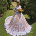 Long Sleeve White Color Lace Appliques Blush Pink Wedding Dress 2019